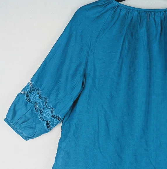 Chicos Top Womens Size (2) US L / 12 Teal Ballon Sleeve Rayon/Cotton - Picture 6 of 13
